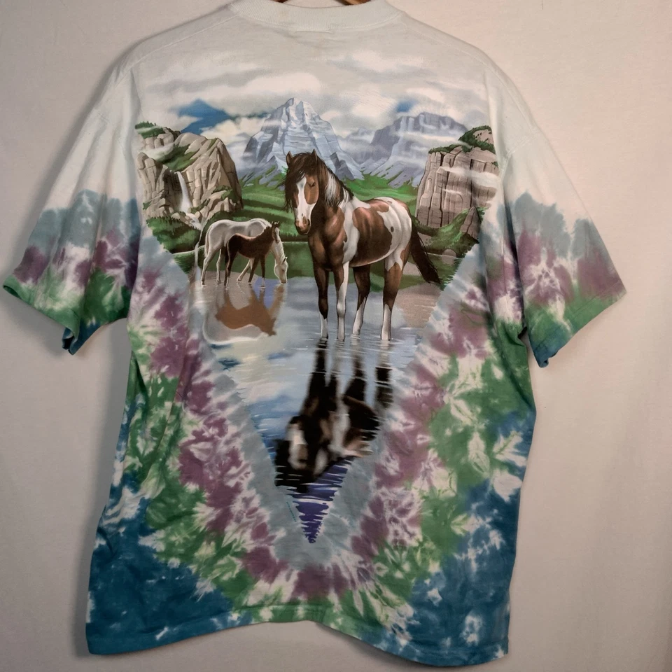 Vintage Liquid Blue Tie Dye Shirt XL Horse Graphic Horses Equine Mountains USA - Imagem 2 de 4