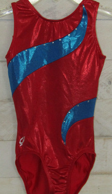 GK Leotard Red Blue Foil Metallic Gems Gymnastics AXS Adult XS