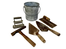 Lot of 7 Vintage Concrete Masonry Cement Tools: Trowels, Hammer, Edgers, Bucket