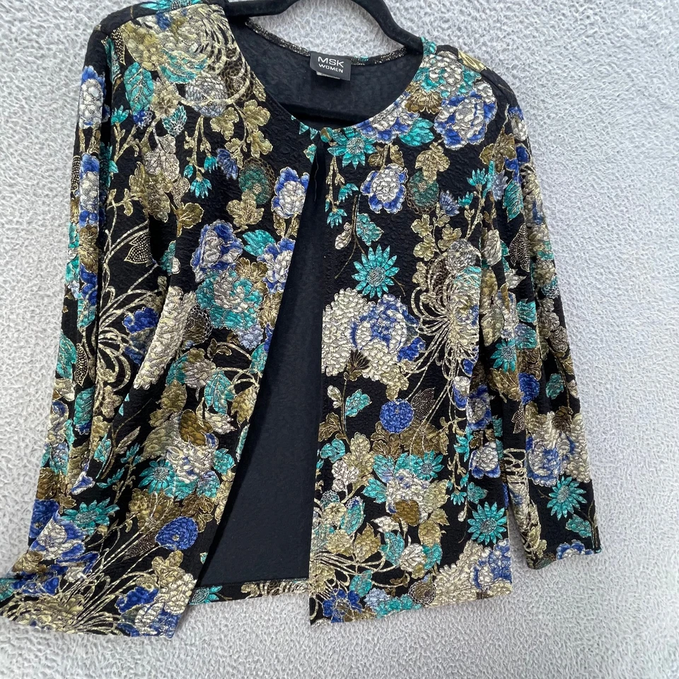 Chaqueta MSK Mujer 1X Negra Dorada Azul Verde Metálica Floral Brocado Elegante De Colección Foto 3 de 4
