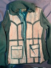 1970s Excellent brand jacket features green crocheted patchwork panels suede