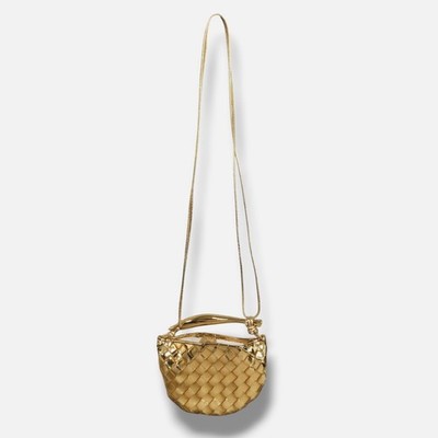 Bottega Veneta Women Gold Sardine Intrecciato Woven Leather Crossbody Hand Bag