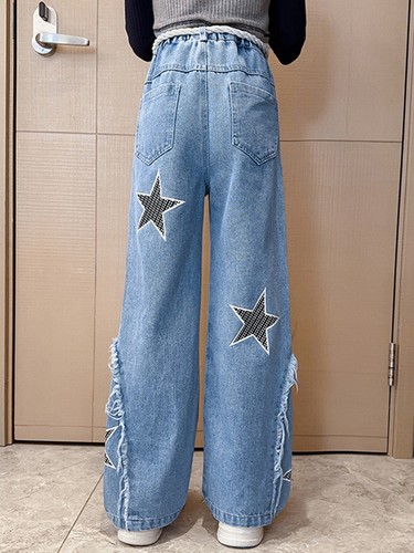 Kids Girl's Jeans Denim Pants Wide-Leg Trousers Fashion Ripped Casual with Rope - Picture 12 of 28