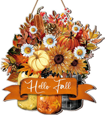 Thanksgiving Floral Welcome Sign for Front Door Hello Fall Hanging Plaque Farmho
