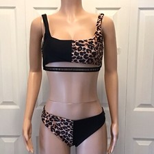 Shein Womens 2pc Colorblock Leopard Print Ladder Trim Bikini Set Size Large