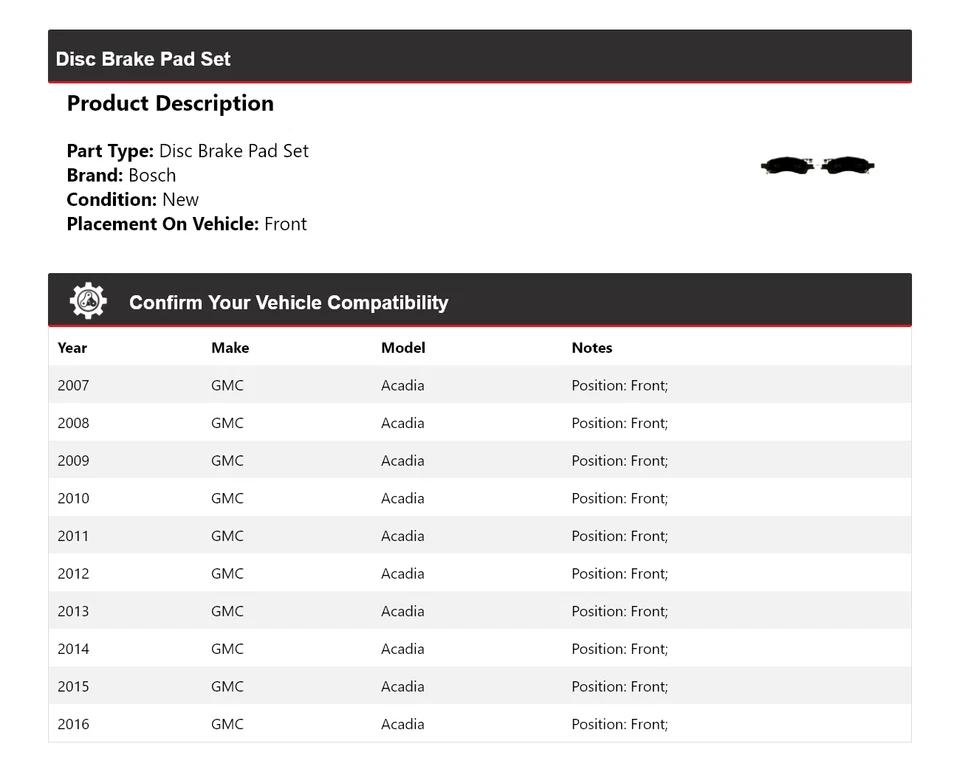 Pastillas de freno semimetálicas con herrajes delanteras 2008 para GMC Acadia Bosch 2007-2016 Foto 2 de 4