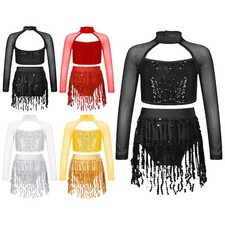 Kids Girls Shirt And Skirts Long Sleeve Dancewear Lesson Crop Top With Skirt