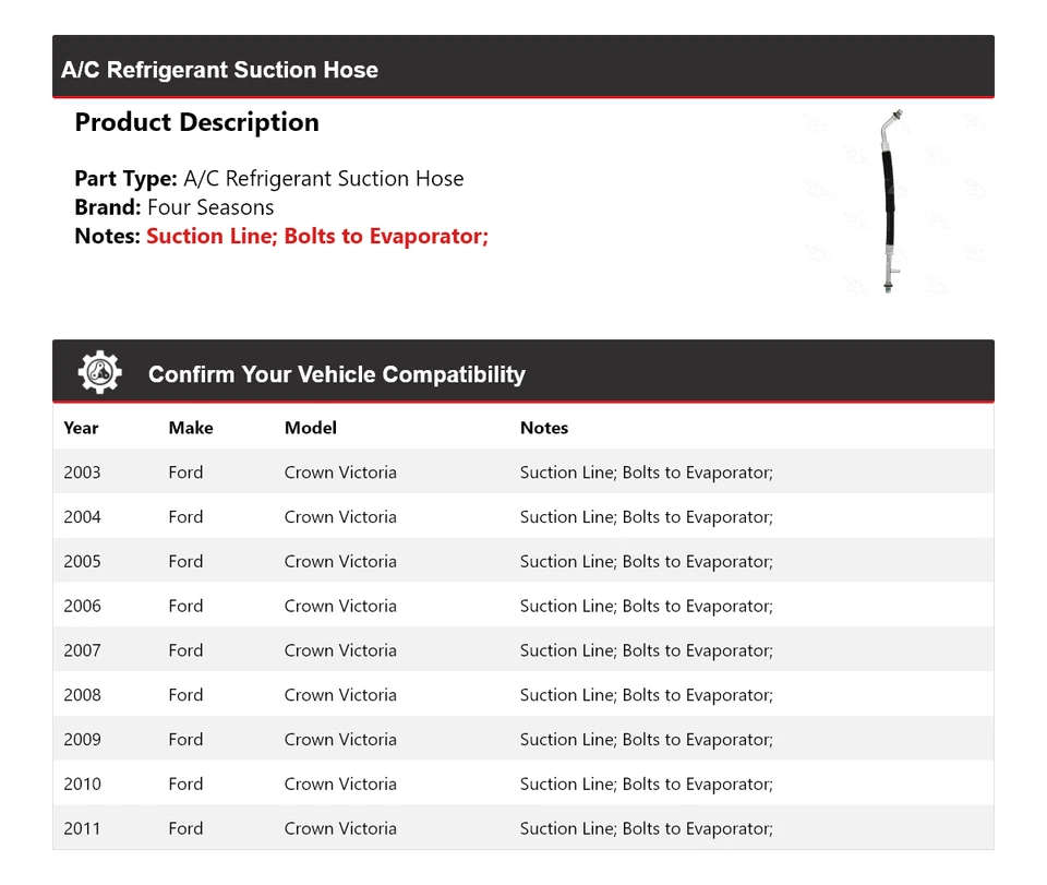 Manguera de succión de refrigerante aire acondicionado Ford Crown Victoria 2003-2011 4 estaciones 2004 Foto 2 de 4