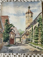 Adalbert Perrot 1945 Watercolor Painting of the Klingen Tower Rothenburg Germany