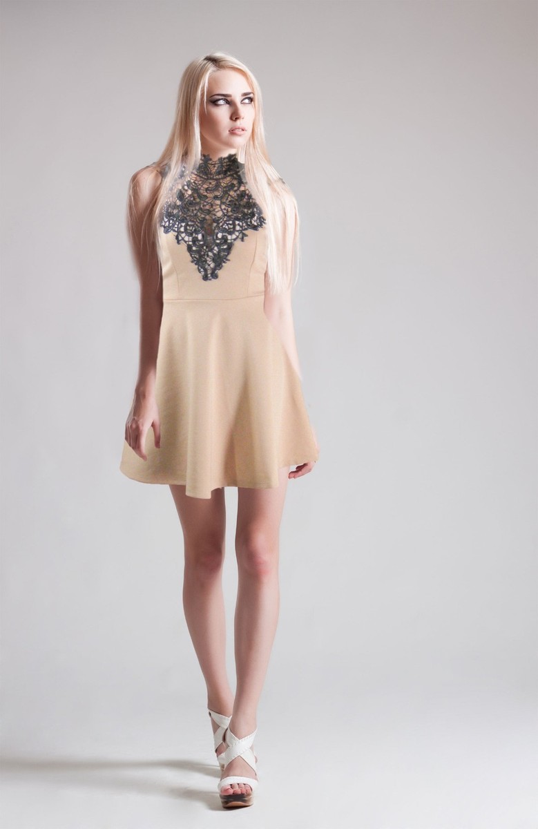 Petite Fit and Flare Mini Dress with Victorian Lace - Beige