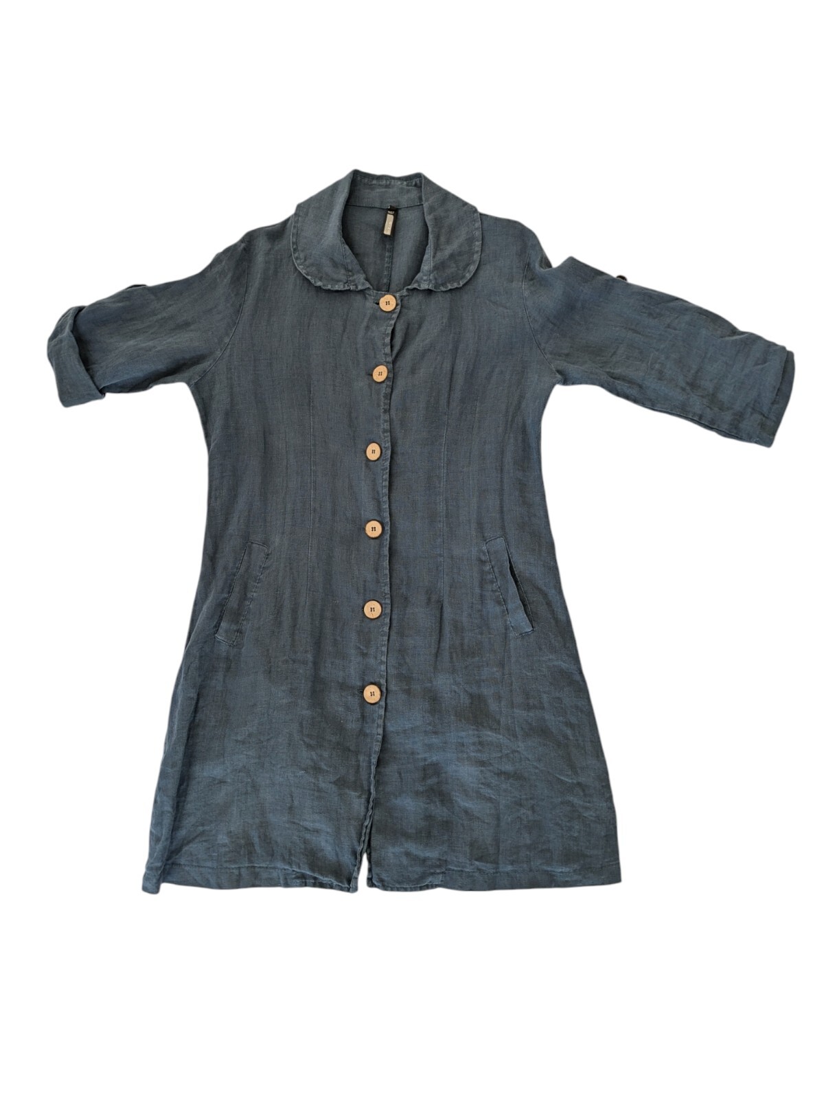 INIZIO SZ L Linen Semi Shirt Tunic Shift Casual Beach Slate Blue Mini Dress