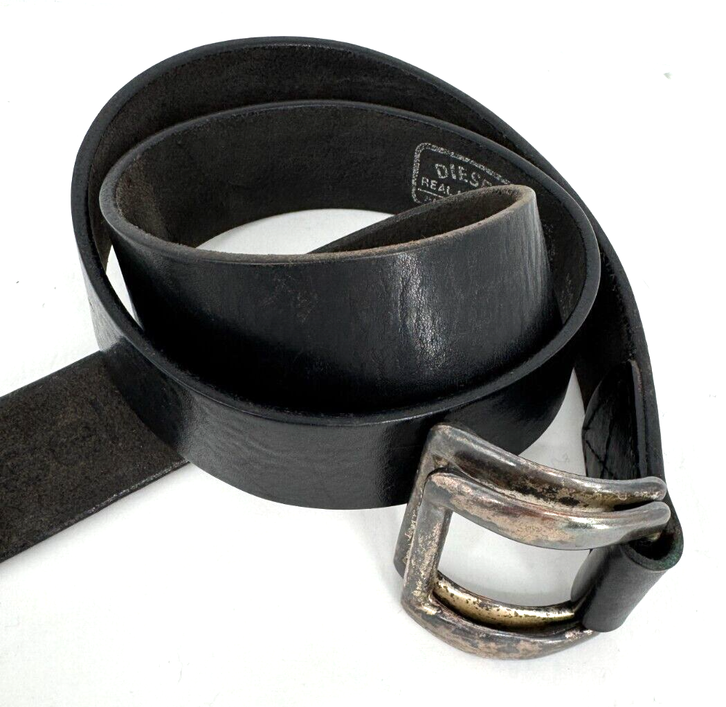 VTG Diesel Black 100% Italian Leather Belt Silver Distressed