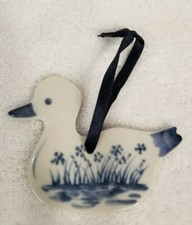 Duck Ceramic Hand Painted Ornament By Russ Berrie Blue & White