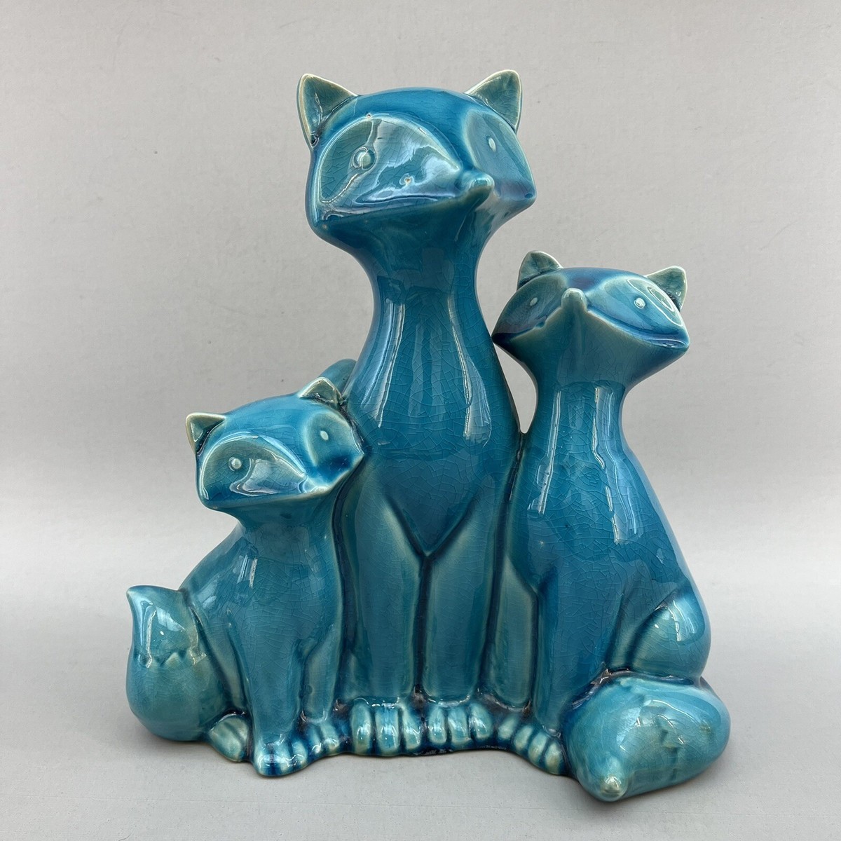 Cute Vintage Mid Century Turquoise Fox Family Sculpture Figurine