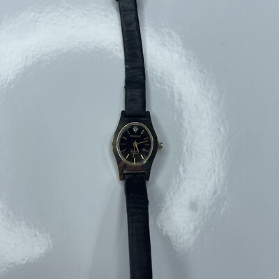 E Armitron Diamond Gold Black Leather 25/6198 Japan Stainless Untested