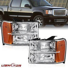 Pair Clear Chrome Headlights Lamps For 2007-2013 GMC Sierra 1500 2500HD 3500HD