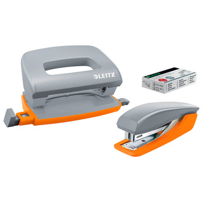 LEITZ Locher und Heftgerät Set inkl Heftklammern Urban Chic grau/orange