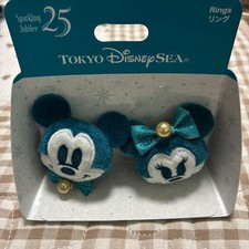 Tokyo Disney Sea Mickey Minnie Rings Set Turquoise Pearl Ribbon Used