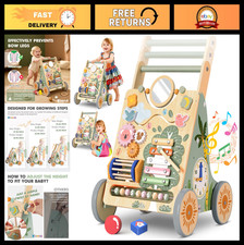 Adjustable Wooden Baby Walker with Wheels, Montessori Sit-to-Stand Toy, Learning