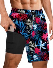 Mens Swim Trunks with Compression Liner 2 in 1 Board Shorts 9" Quick Dry Bath...