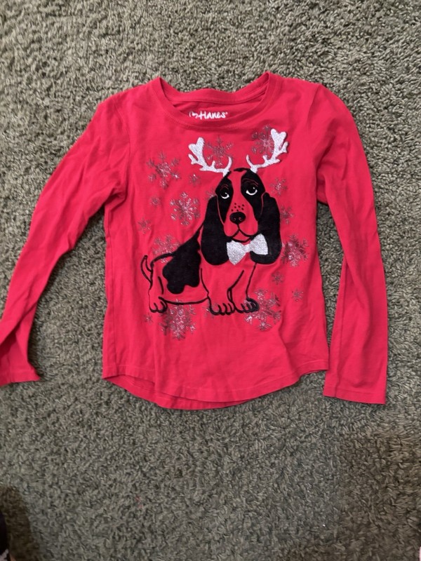 Hanes Girls Small 5/6 Red Long Sleeve Christmas Basset Hound Antlers Tee