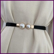 Elegant Double Pearls Buckle Elastic Women Belts Thin Straps Lady Girl Dress