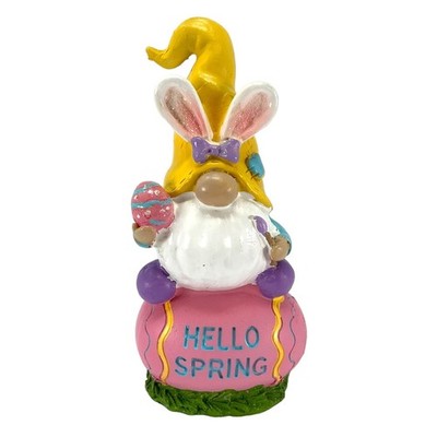 Yellow Hat Gnome with Bunny Ears on Hello Spring Easter Egg Figurine 6 Inch