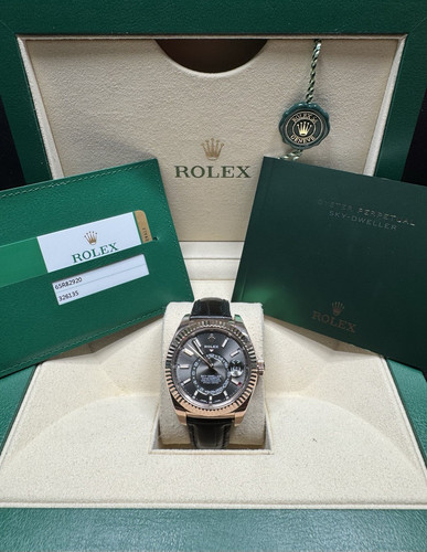 Rolex Sky-Dweller 18K Everose Gold Grey Dial Factory Leather Strap - FULL SET!