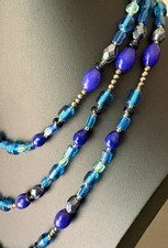 Vintage Glass Beaded Necklace Cobalt Sky Aqua Blue 2 Strand 30" Statement