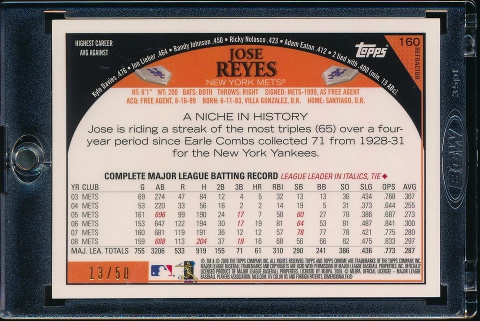 2009 TOPPS CHROME JOSE REYES GOLD REFRACTOR REF 13/50 #160 NEW YORK METS - Image 2 of 2
