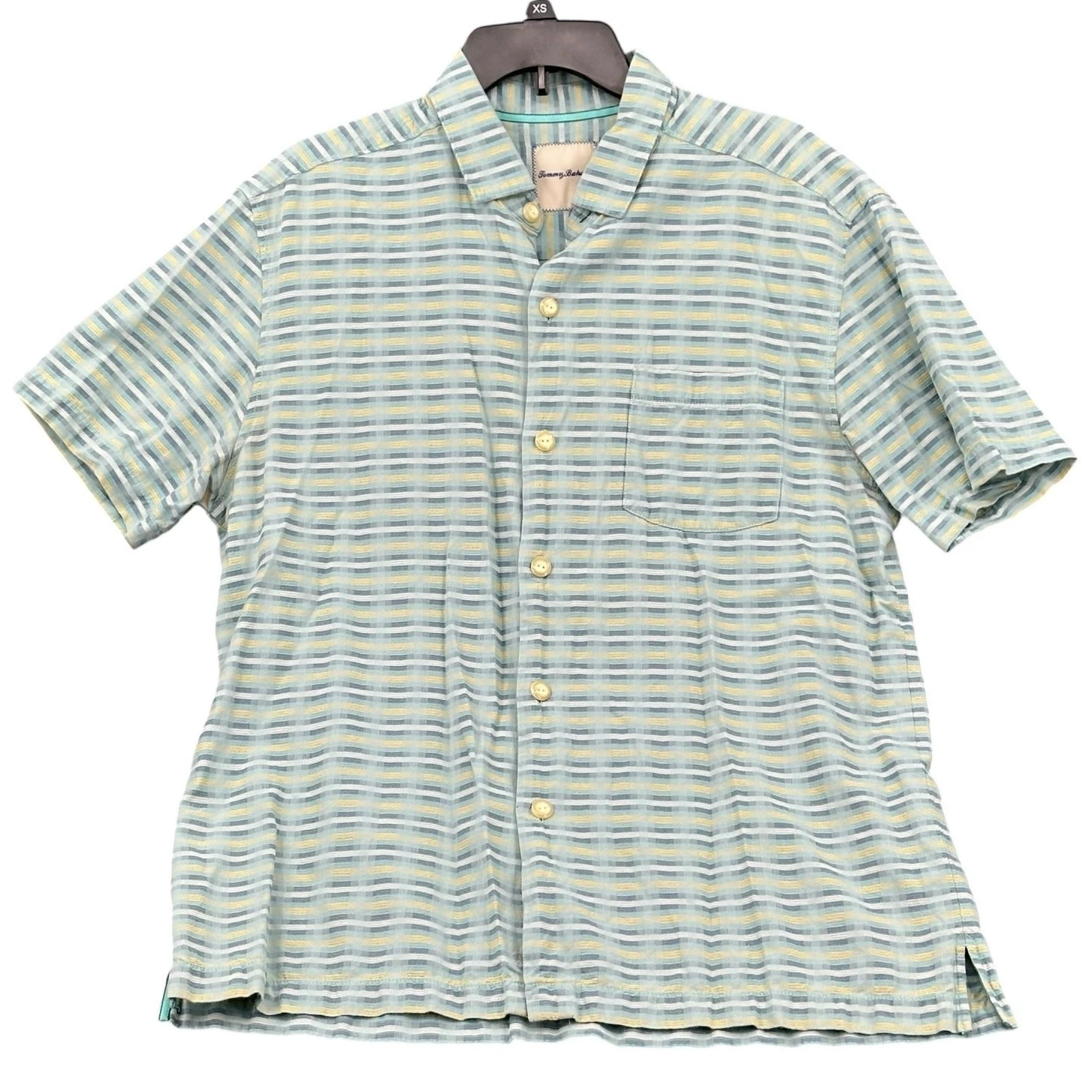 Tommy Bahama Shirt Mens Large Green Stripe Silk Cotton Button Up Hawaiian Resort