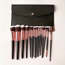 Makeup Brush Set 15 pc Brushes Black Handle Rose Gold Metal with Storage Bag