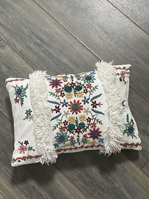 Pier 1 Embroidered Floral Lumbar Pillow 18  X 13  Boho Fringe Southwestern 