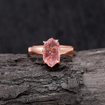 Natural Strawberry Quartz Hexagon Ring Rose Gold Plated Vintage Jewelry For wife