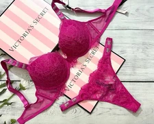 Victorias Secret Very Sexy Lace Hearts Shine Strap Push-Up Bra Thong Set Fuchsia