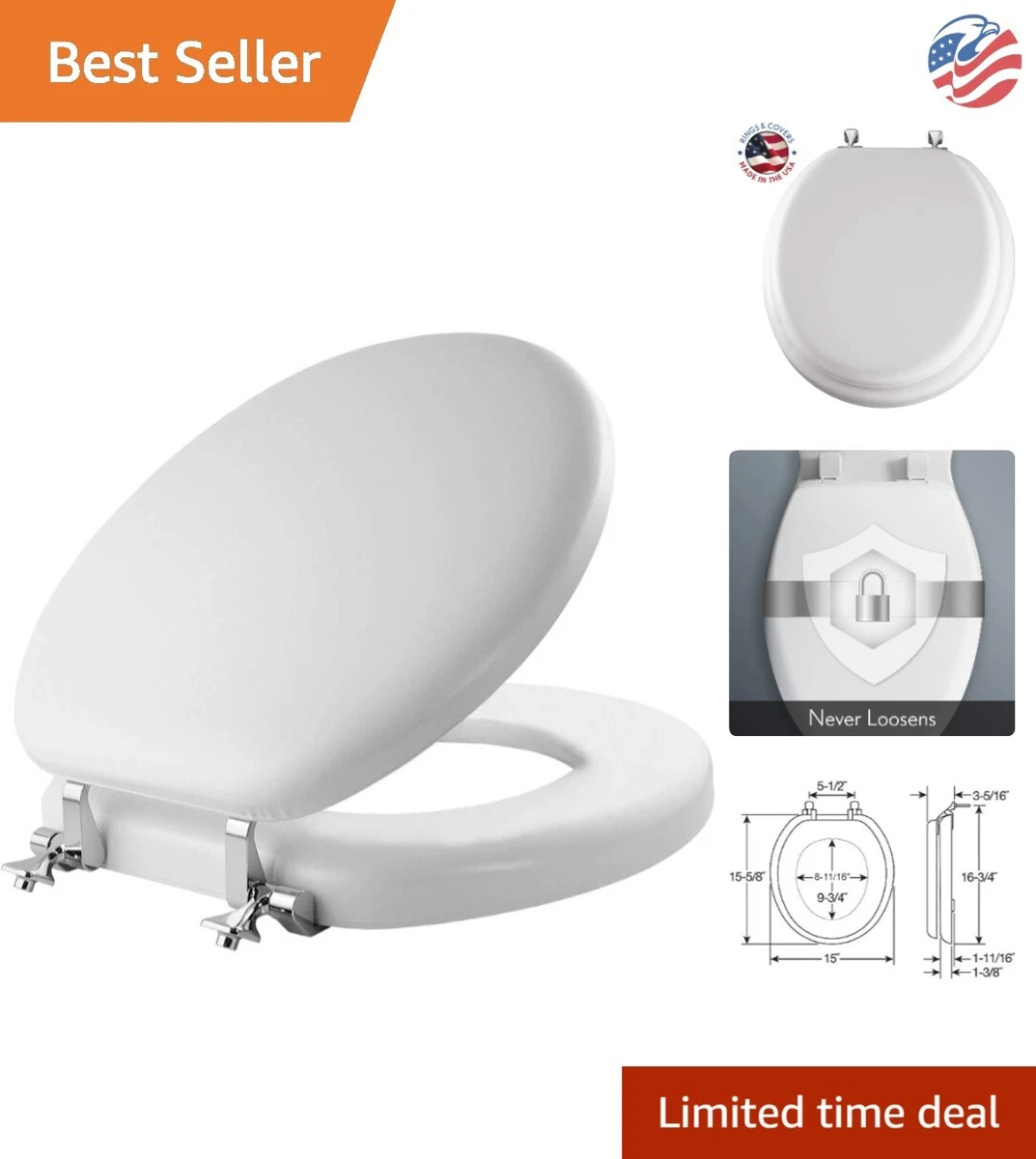 Luxury Toilet Seat with Cushioning Premium Chrome Hinges ROUND White