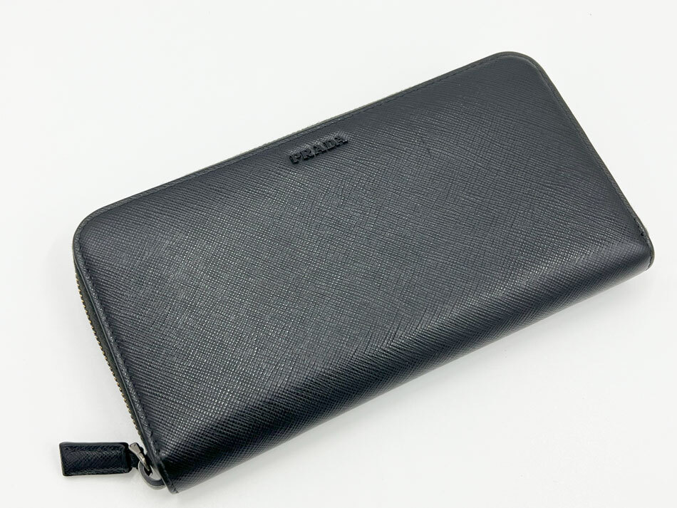 ○Prada Round Zipper Wallet Long Saffiano Multic Black Gray 2Ml317