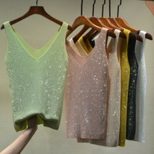 Ladies Camisole Tank Top Crystal Glitter Bling Deep V Neck Vest Tops Blouse