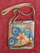 Anuschka Hand Painted Peacock Lilly travel organizer crossbody