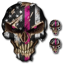 3x Thin Pink Line Skull Breast Cancer Survivor Window Sticker Vinyl Decal Flag