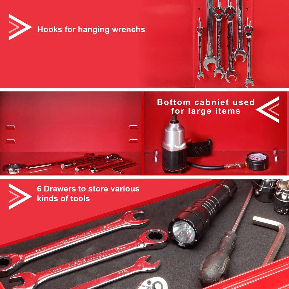 Шкаф для инструментов на роликах Torin 6 ящиков 3 в 1: съемный органайзер для инструментов, красный - Изображение 4 из 4