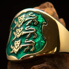 LION RING, 3 LIONS RING, MENS COSTUME RING, COAT OF ARMS RING, GREEN SIZE 12
