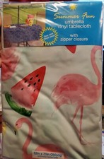 Pink Flamingo Vinyl Tablecloth w/Umbrella Hole Zipper Closure - Multiple Sizes
