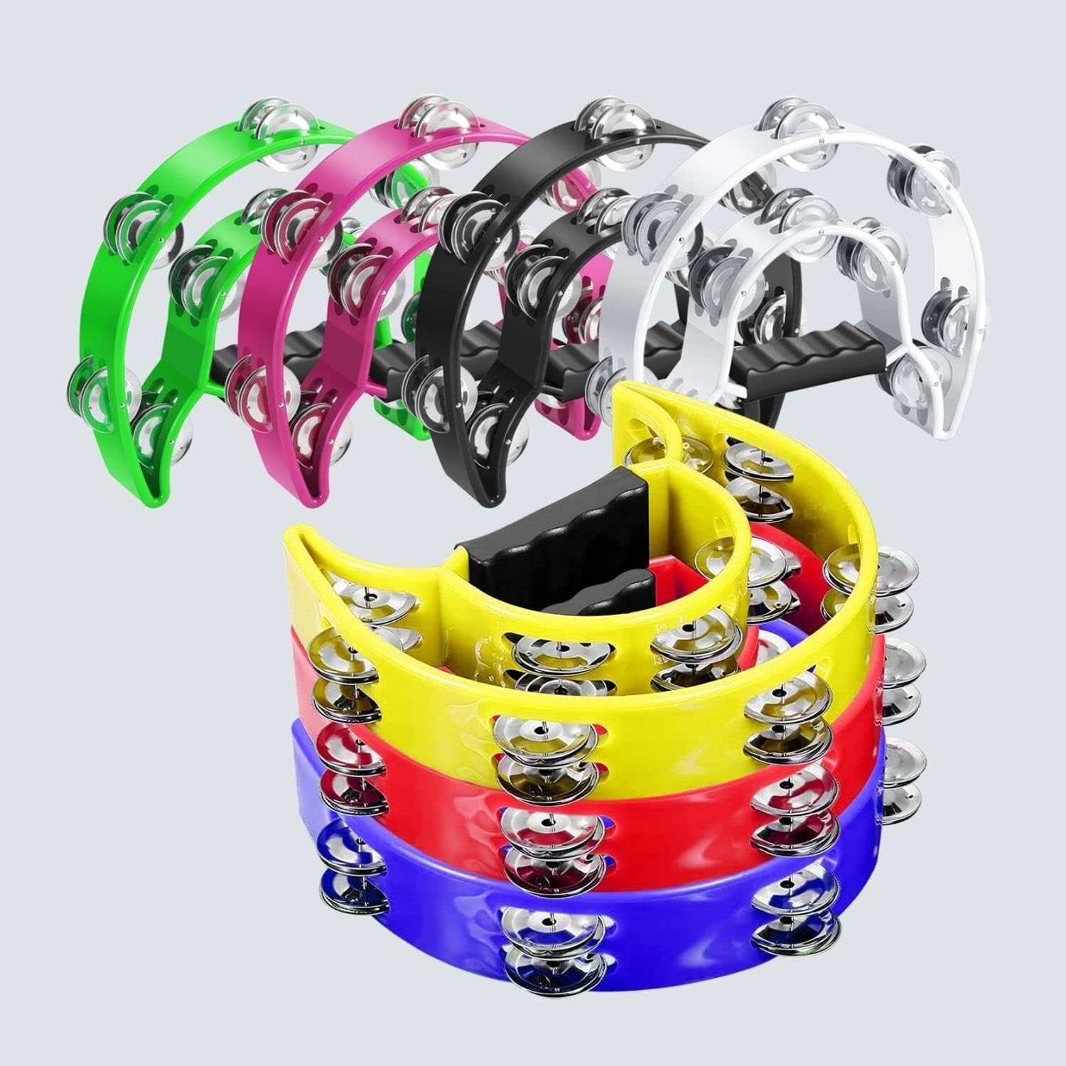 Pandereta de doble hilera, sonajas metálicas, percusión manual pandereta. neuvo.