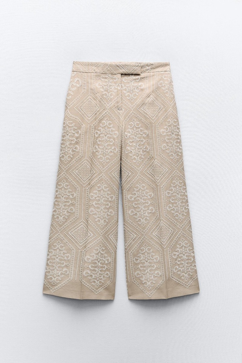 Zara Embroidered Culottes High Waisted Trousers Ecru Beige Zara Embroidered Culottes High Waisted Trousers Ecru Beige
