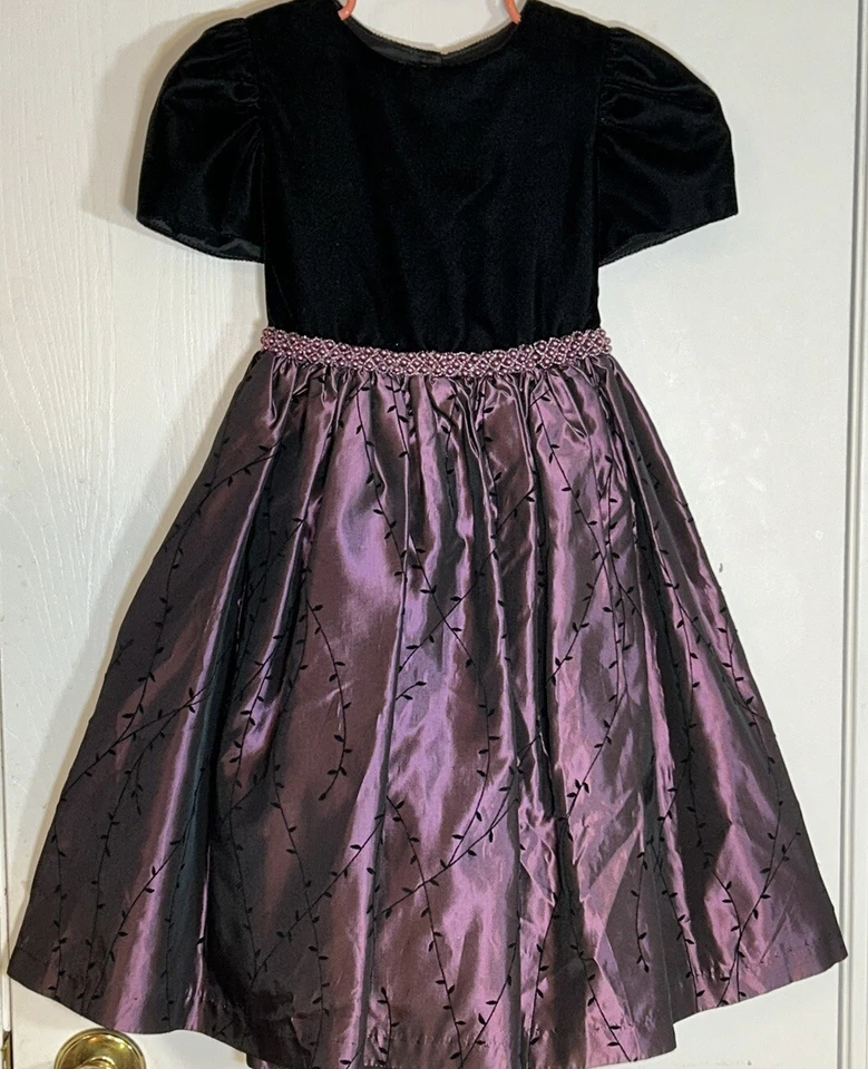 Sara Lene Girl Sz 4 Dress Short Sleeve Black Velvet Top Bead Waist Purple Skirt - Image 2 of 4