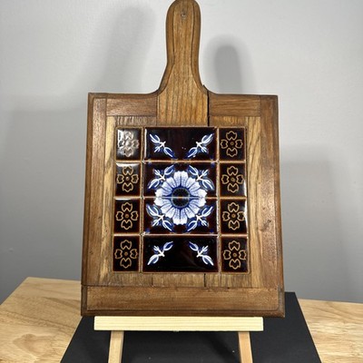 Vintage Tile Trivet Wall Hanging Carved Wood Frame Floral MCM Boho Kitchen Decor
