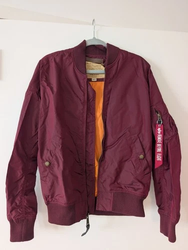 Alpha Industries MA-1 Flight Bomber Jacket Burgundy S Orange Lining video thumbnail