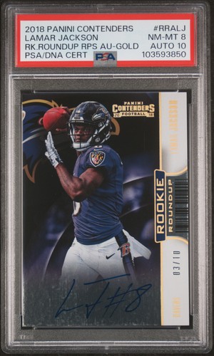2018 Panini Contenders Rookie Roundup Autographs #RRALJ Lamar Jackson Gold PSA 8