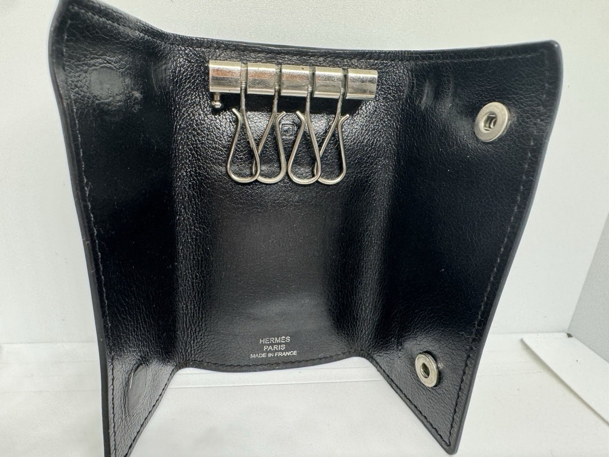 HERMES ブラックレザー キーホルダー Hermes Mens Unisex Black Leather 4 Keys Holder Key Case Logo